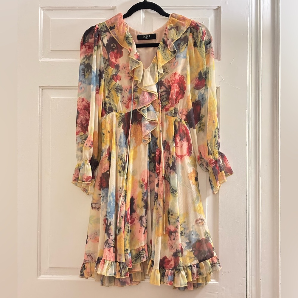 o.p.t. Watercolor Floral Ruffle Long Sleeve Mini Dress, size S